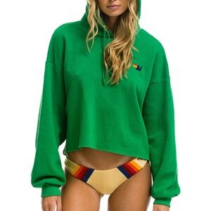 Aviator Nation BOLT STRIPE RELAXED CROPPED PULLOVER HOODIE - KELLY GREEN NWT M